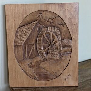 Vintage Hand Carved Wood Relief 3-D Wall Plaque Decor Water Mill Wheel Signed